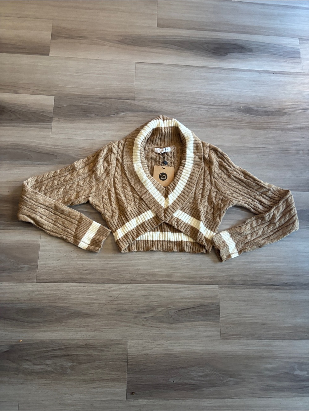 emory park Cropped Cable Knit Shawl Collar Sweater - Tan & Cream